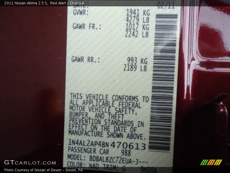 Red Alert / Charcoal 2011 Nissan Altima 2.5 S
