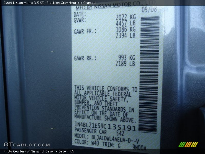 2009 Altima 3.5 SE Precision Gray Metallic Color Code W40