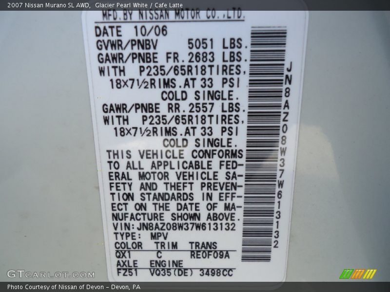Glacier Pearl White / Cafe Latte 2007 Nissan Murano SL AWD
