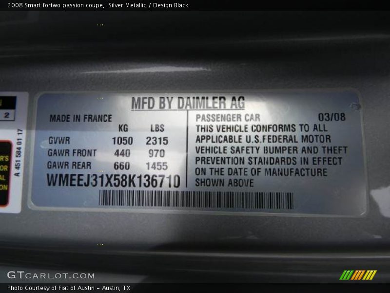 Silver Metallic / Design Black 2008 Smart fortwo passion coupe
