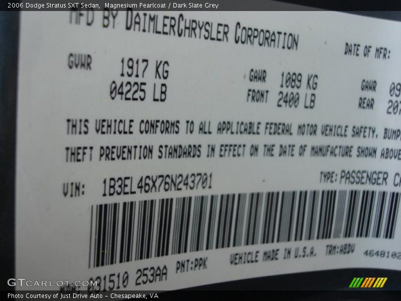 2006 Stratus SXT Sedan Magnesium Pearlcoat Color Code PPK