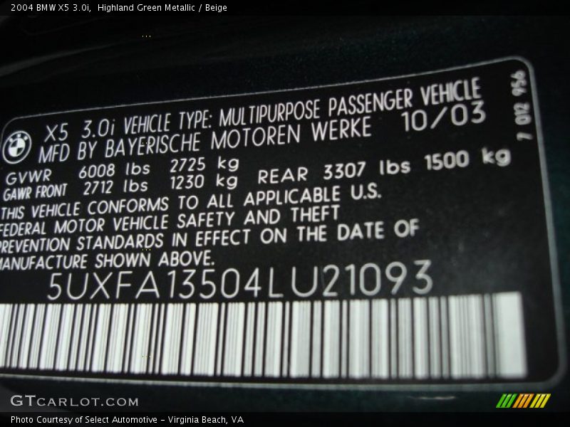 Highland Green Metallic / Beige 2004 BMW X5 3.0i