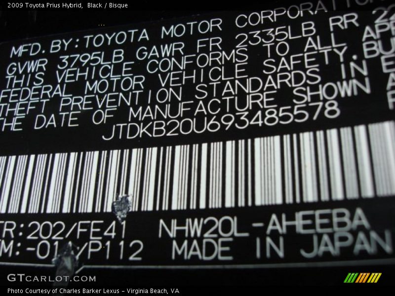 2009 Prius Hybrid Black Color Code 202