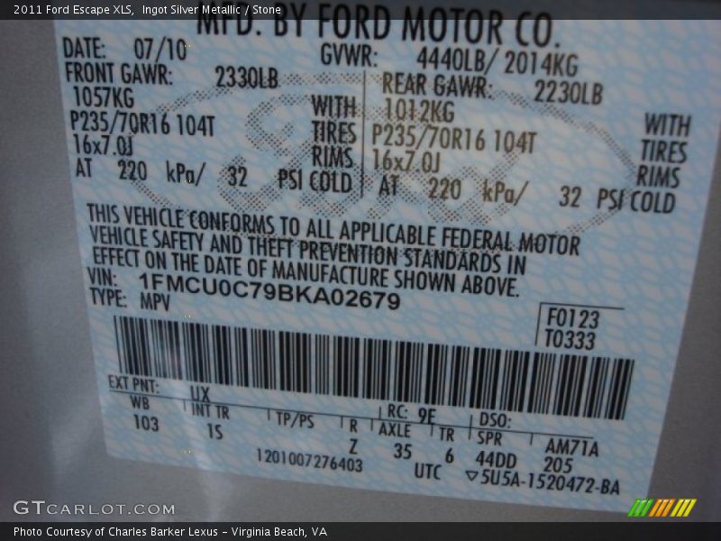 Ingot Silver Metallic / Stone 2011 Ford Escape XLS