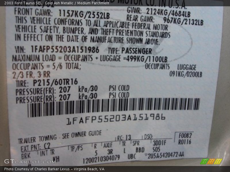 2003 Taurus SES Gold Ash Metallic Color Code C2