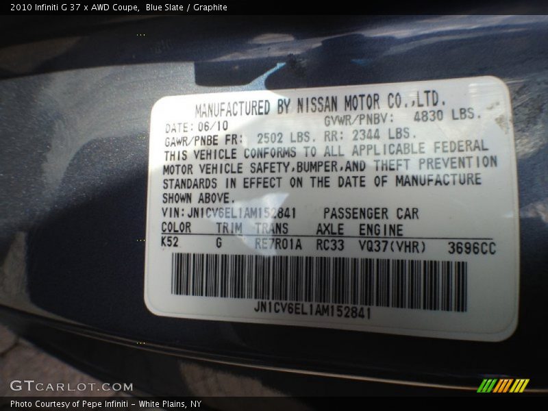 2010 G 37 x AWD Coupe Blue Slate Color Code K52