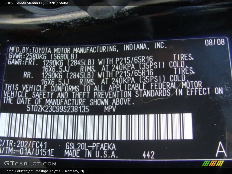 Black / Stone 2009 Toyota Sienna LE