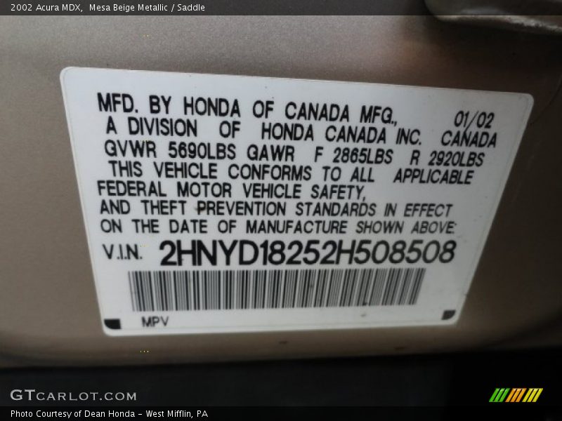 Mesa Beige Metallic / Saddle 2002 Acura MDX