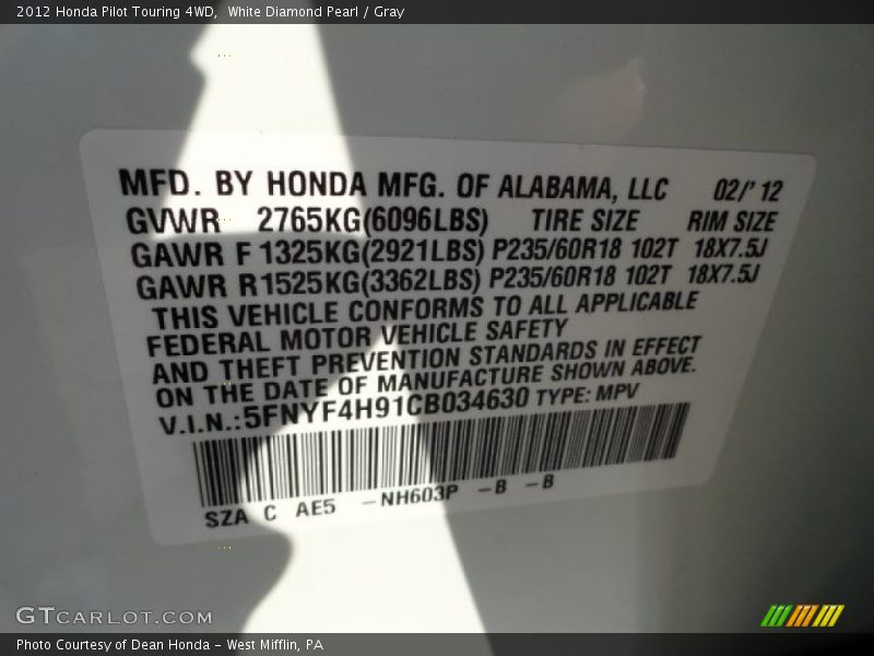White Diamond Pearl / Gray 2012 Honda Pilot Touring 4WD