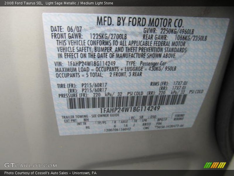 2008 Taurus SEL Light Sage Metallic Color Code NH
