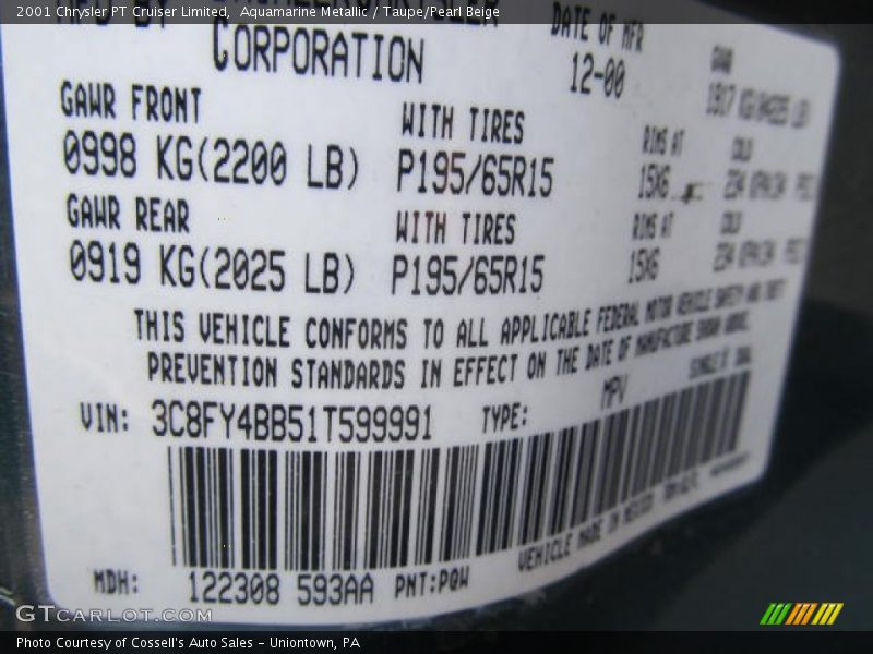 2001 PT Cruiser Limited Aquamarine Metallic Color Code PQW