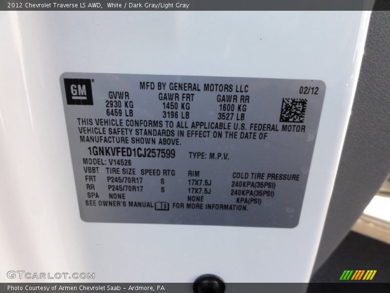 White / Dark Gray/Light Gray 2012 Chevrolet Traverse LS AWD