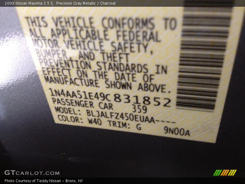 Precision Gray Metallic / Charcoal 2009 Nissan Maxima 3.5 S