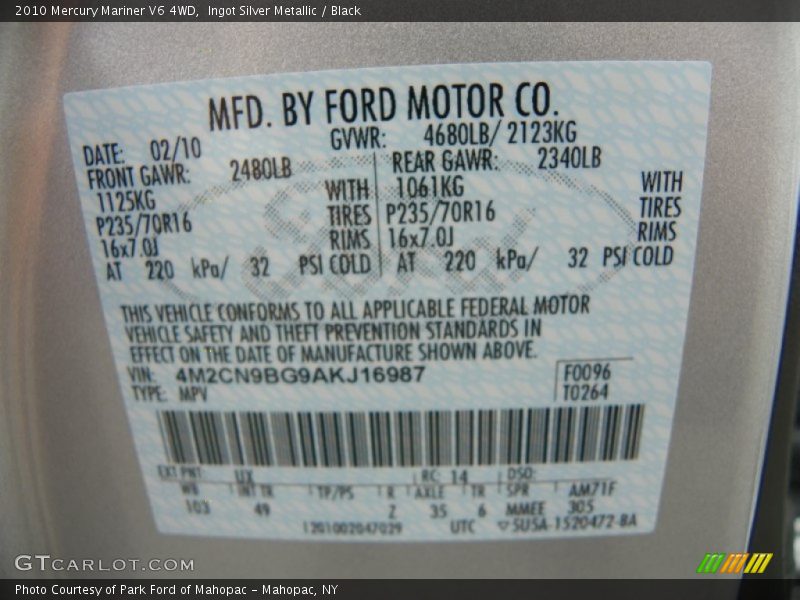 Ingot Silver Metallic / Black 2010 Mercury Mariner V6 4WD