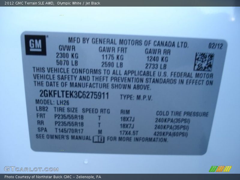 Olympic White / Jet Black 2012 GMC Terrain SLE AWD
