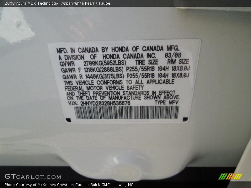 Aspen White Pearl / Taupe 2008 Acura MDX Technology