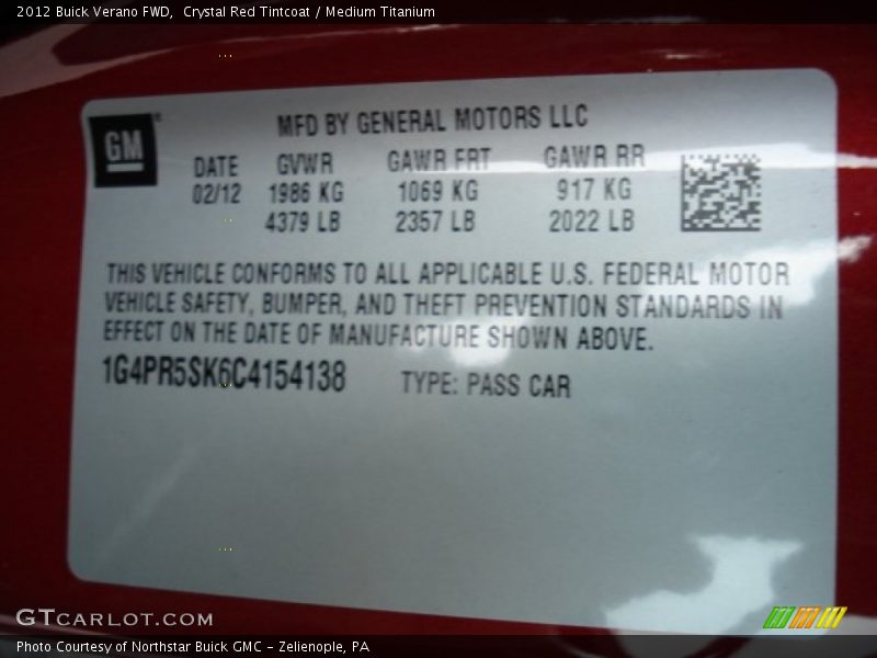 Crystal Red Tintcoat / Medium Titanium 2012 Buick Verano FWD
