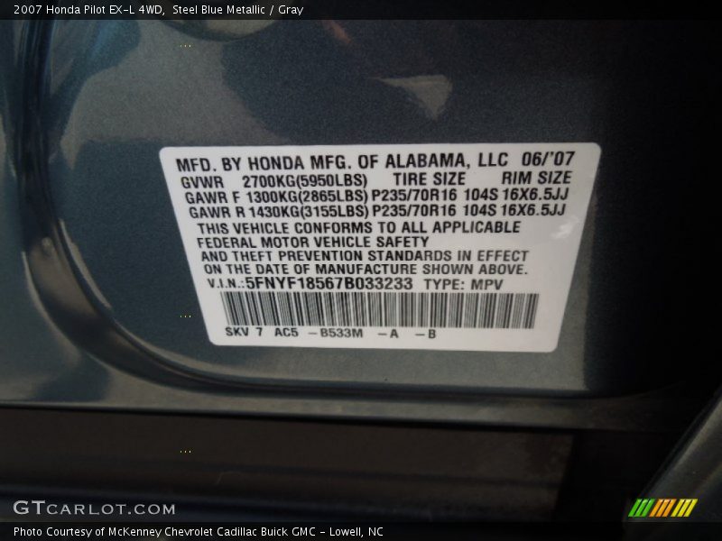 Steel Blue Metallic / Gray 2007 Honda Pilot EX-L 4WD