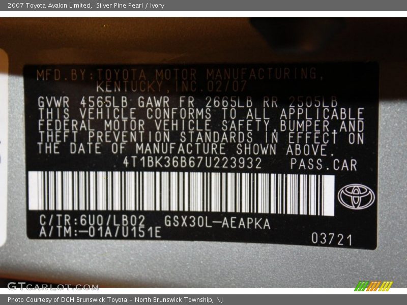 2007 Avalon Limited Silver Pine Pearl Color Code 6U0