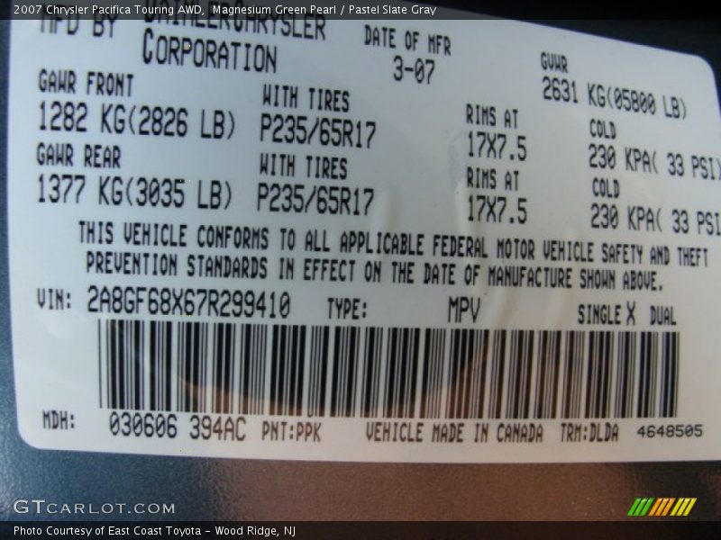 2007 Pacifica Touring AWD Magnesium Green Pearl Color Code PPK