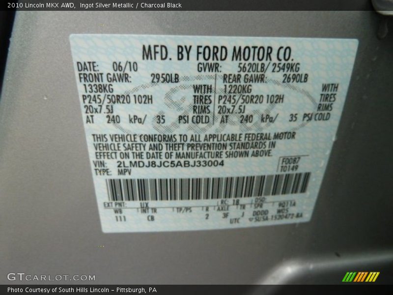 Ingot Silver Metallic / Charcoal Black 2010 Lincoln MKX AWD