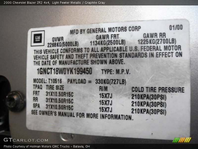 Light Pewter Metallic / Graphite Gray 2000 Chevrolet Blazer ZR2 4x4