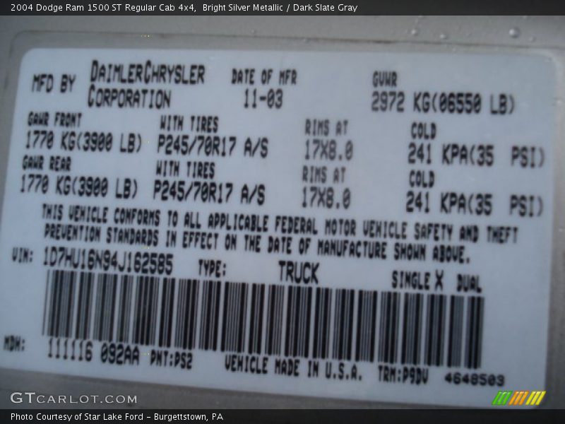 Bright Silver Metallic / Dark Slate Gray 2004 Dodge Ram 1500 ST Regular Cab 4x4