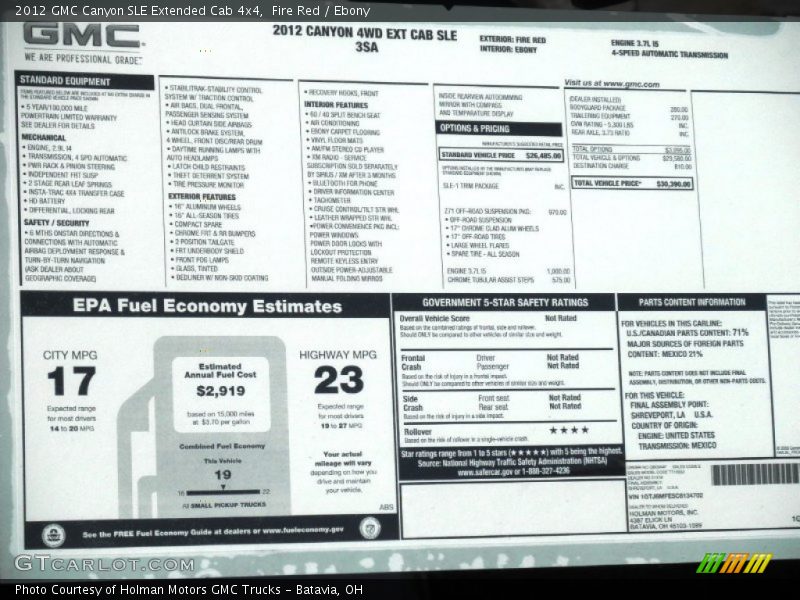  2012 Canyon SLE Extended Cab 4x4 Window Sticker