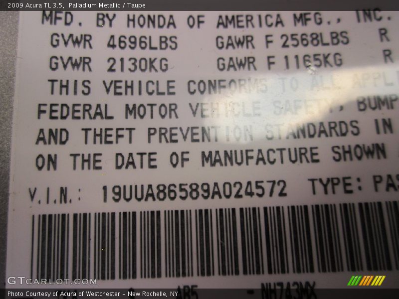 Palladium Metallic / Taupe 2009 Acura TL 3.5