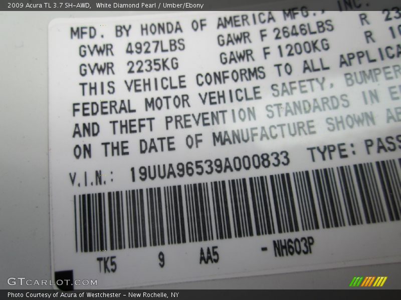White Diamond Pearl / Umber/Ebony 2009 Acura TL 3.7 SH-AWD