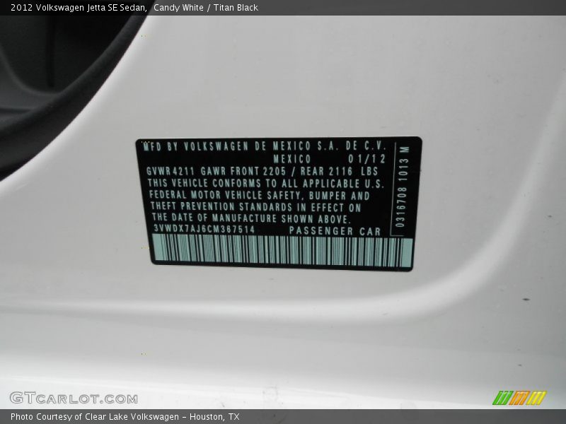 Candy White / Titan Black 2012 Volkswagen Jetta SE Sedan