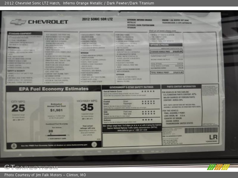  2012 Sonic LTZ Hatch Window Sticker
