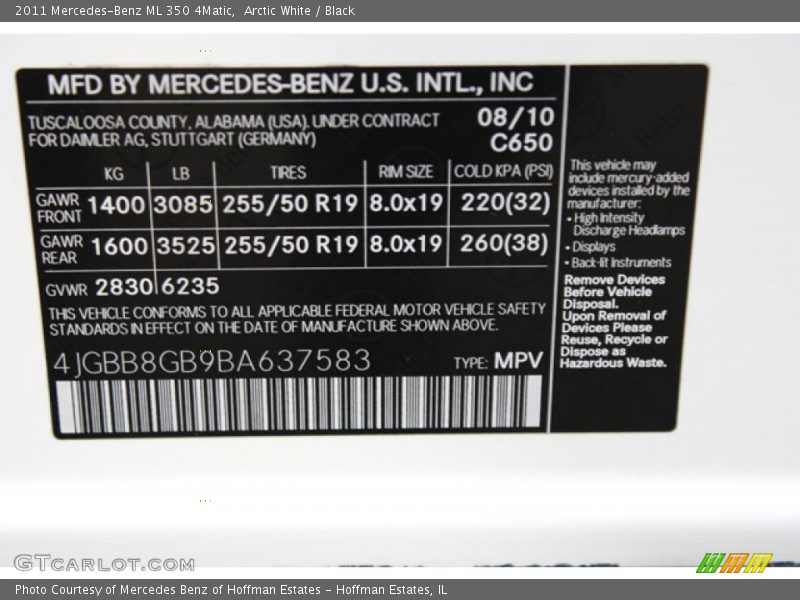 Arctic White / Black 2011 Mercedes-Benz ML 350 4Matic