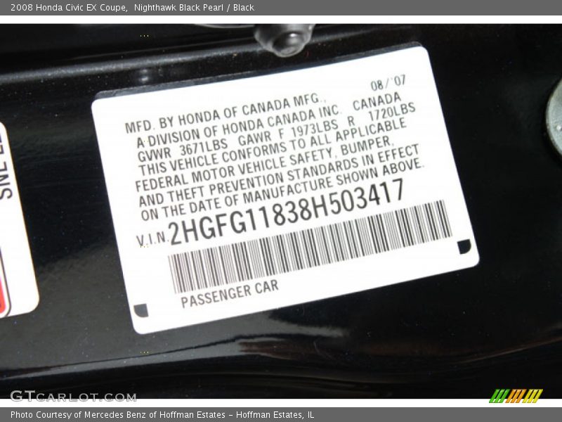 Nighthawk Black Pearl / Black 2008 Honda Civic EX Coupe