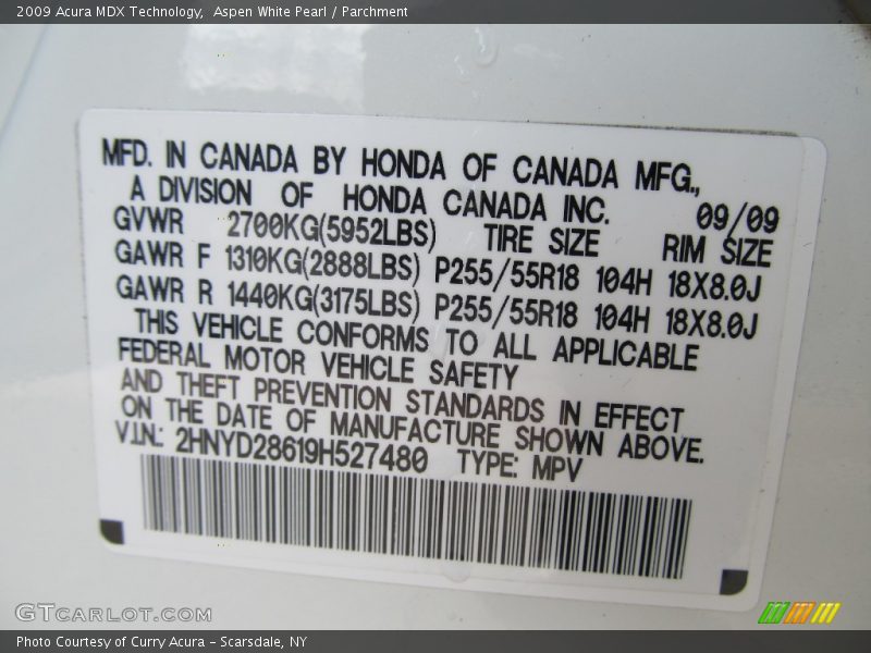 Aspen White Pearl / Parchment 2009 Acura MDX Technology
