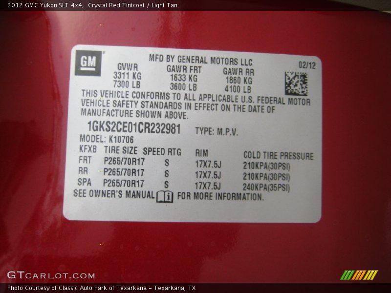 Crystal Red Tintcoat / Light Tan 2012 GMC Yukon SLT 4x4