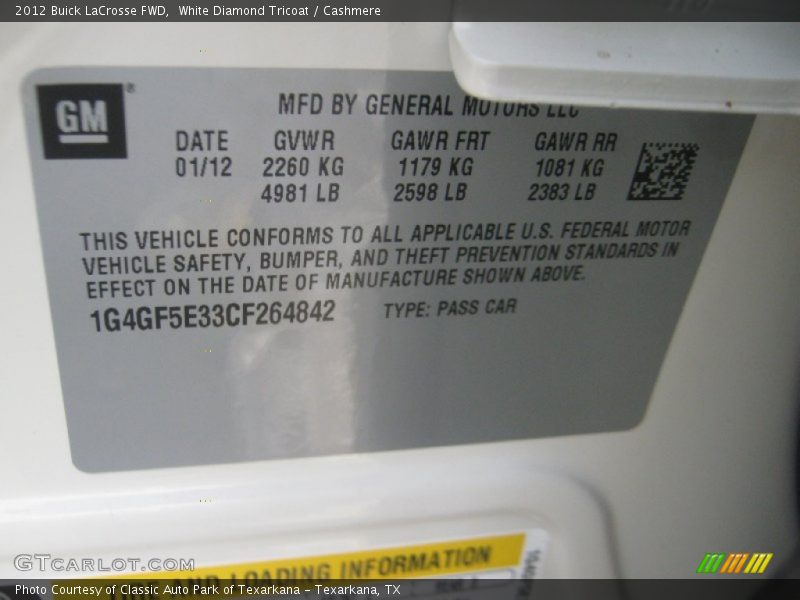 White Diamond Tricoat / Cashmere 2012 Buick LaCrosse FWD