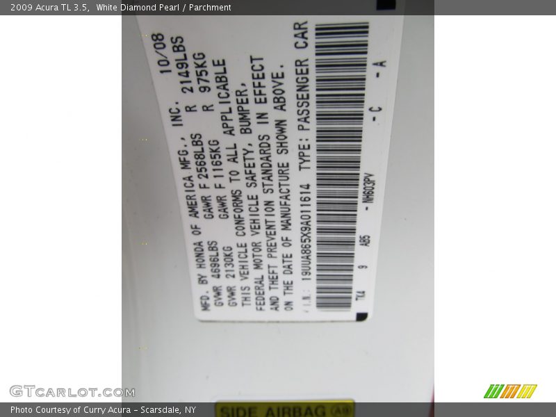 White Diamond Pearl / Parchment 2009 Acura TL 3.5