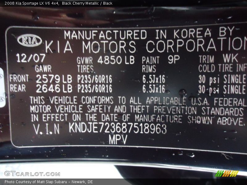 2008 Sportage LX V6 4x4 Black Cherry Metallic Color Code 9P