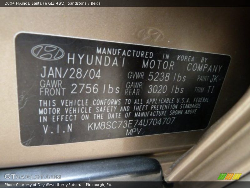 2004 Santa Fe GLS 4WD Sandstone Color Code JK