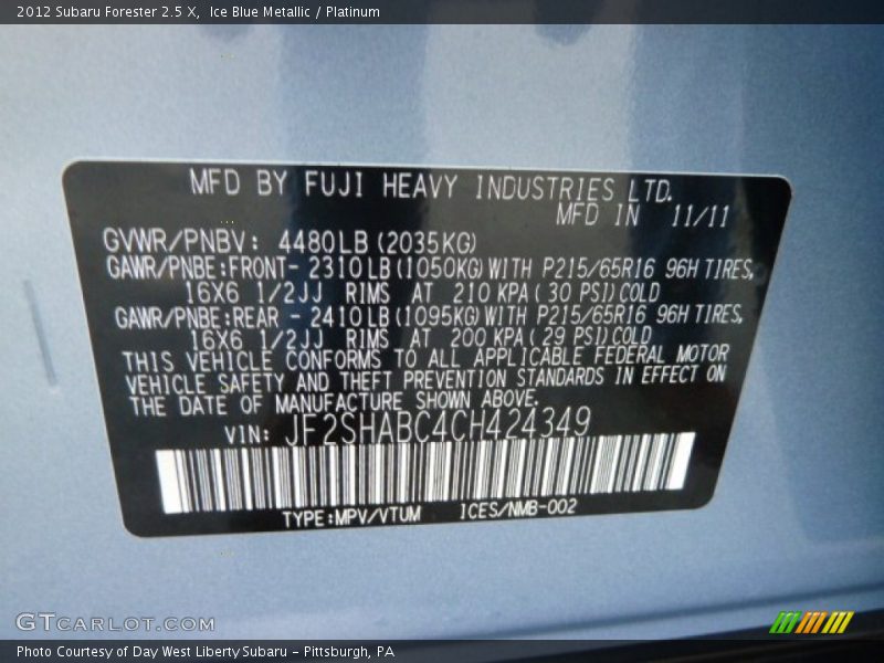 Ice Blue Metallic / Platinum 2012 Subaru Forester 2.5 X