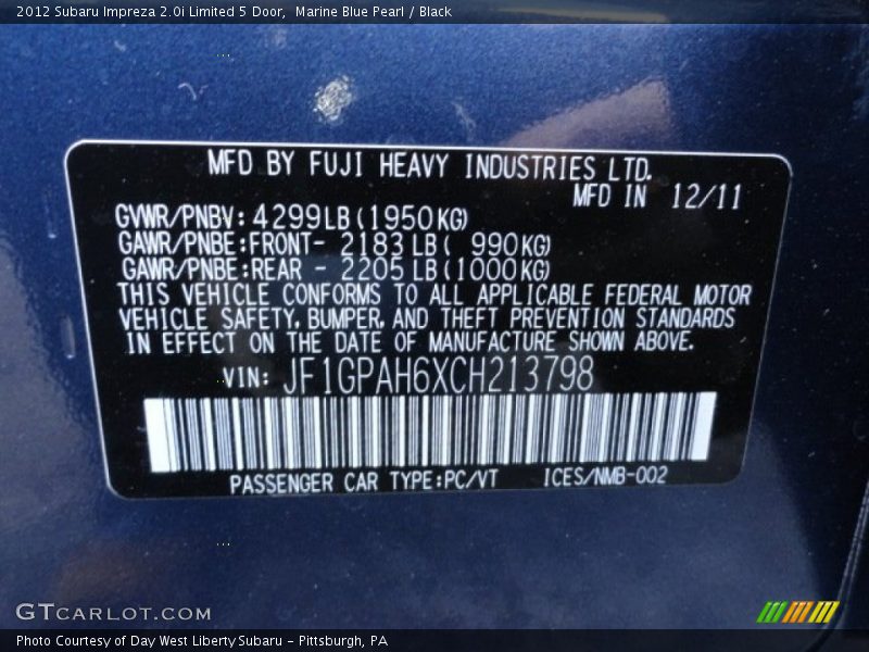 Marine Blue Pearl / Black 2012 Subaru Impreza 2.0i Limited 5 Door
