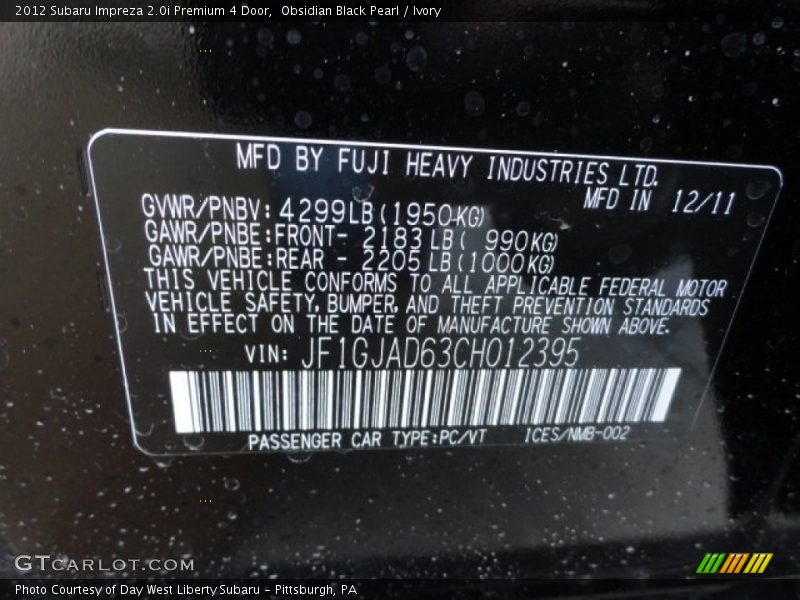 Obsidian Black Pearl / Ivory 2012 Subaru Impreza 2.0i Premium 4 Door
