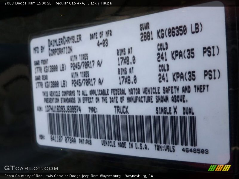 Black / Taupe 2003 Dodge Ram 1500 SLT Regular Cab 4x4