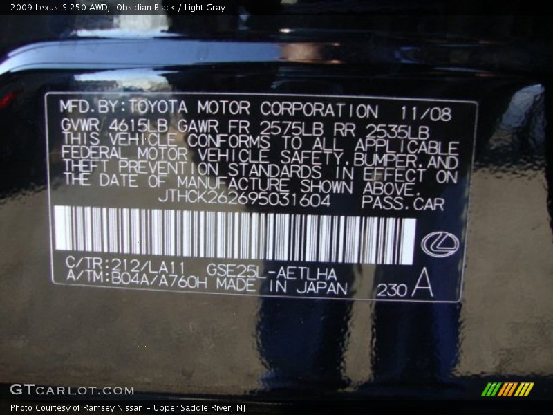 Obsidian Black / Light Gray 2009 Lexus IS 250 AWD
