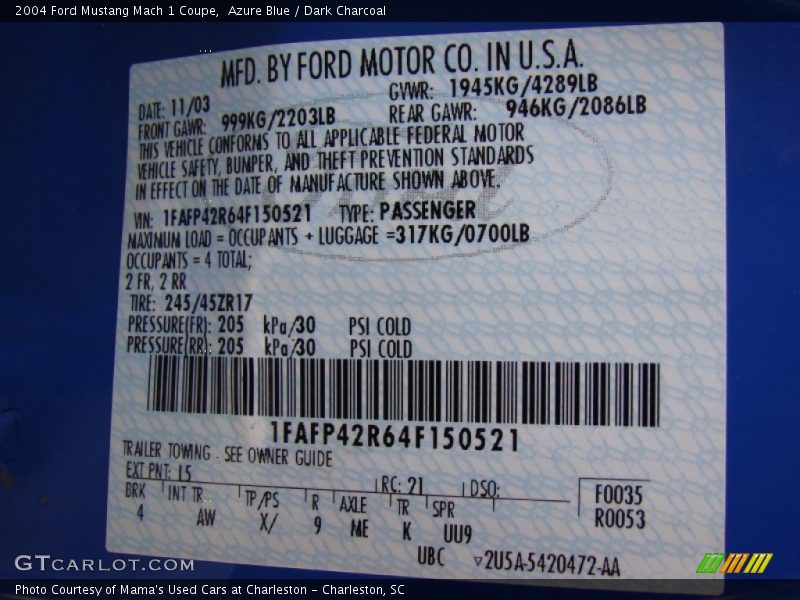 2004 Mustang Mach 1 Coupe Azure Blue Color Code I5
