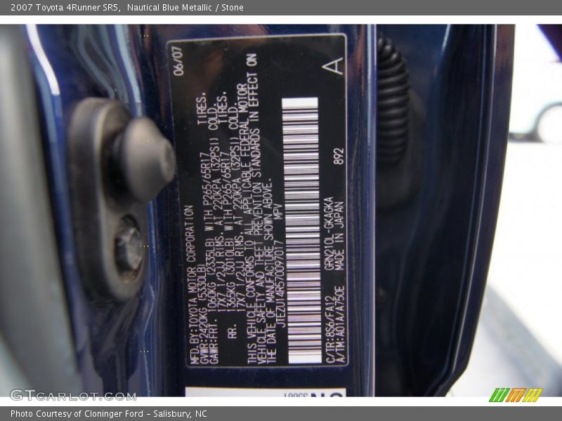 Nautical Blue Metallic / Stone 2007 Toyota 4Runner SR5