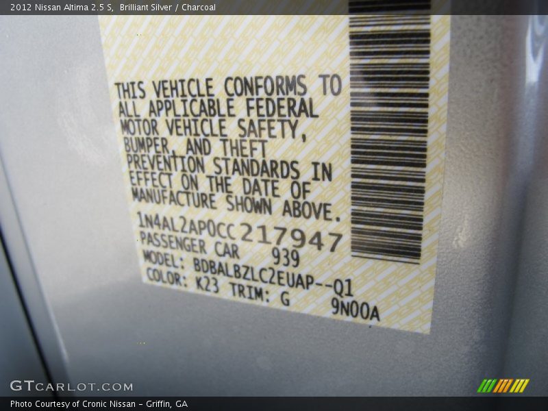 Brilliant Silver / Charcoal 2012 Nissan Altima 2.5 S