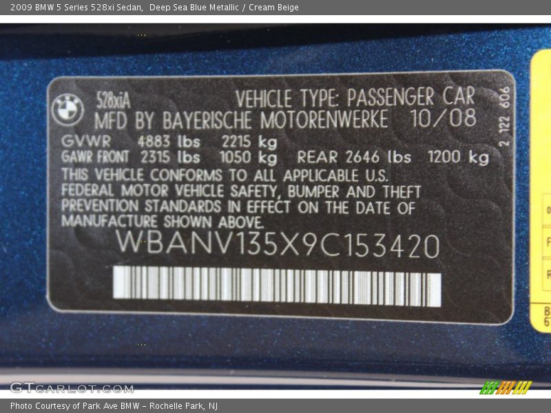 Deep Sea Blue Metallic / Cream Beige 2009 BMW 5 Series 528xi Sedan