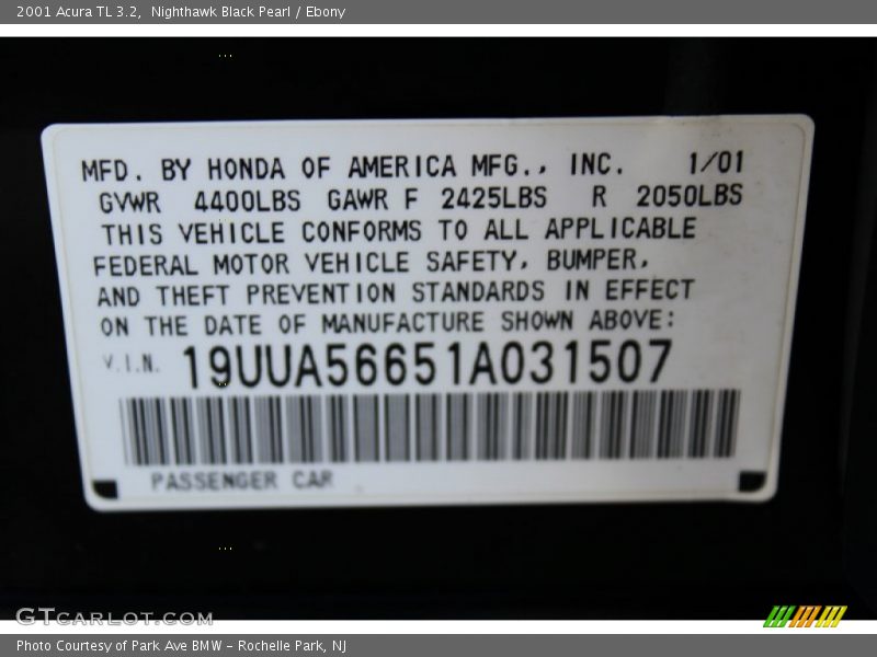 Nighthawk Black Pearl / Ebony 2001 Acura TL 3.2